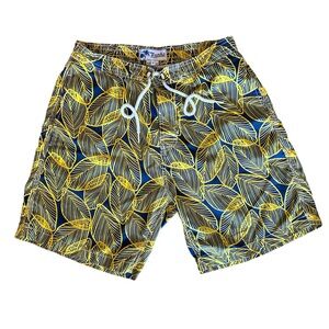Trunks Surf & Swim Co - Mens Swim Trunks Yellow & Blue Leaf - Size M